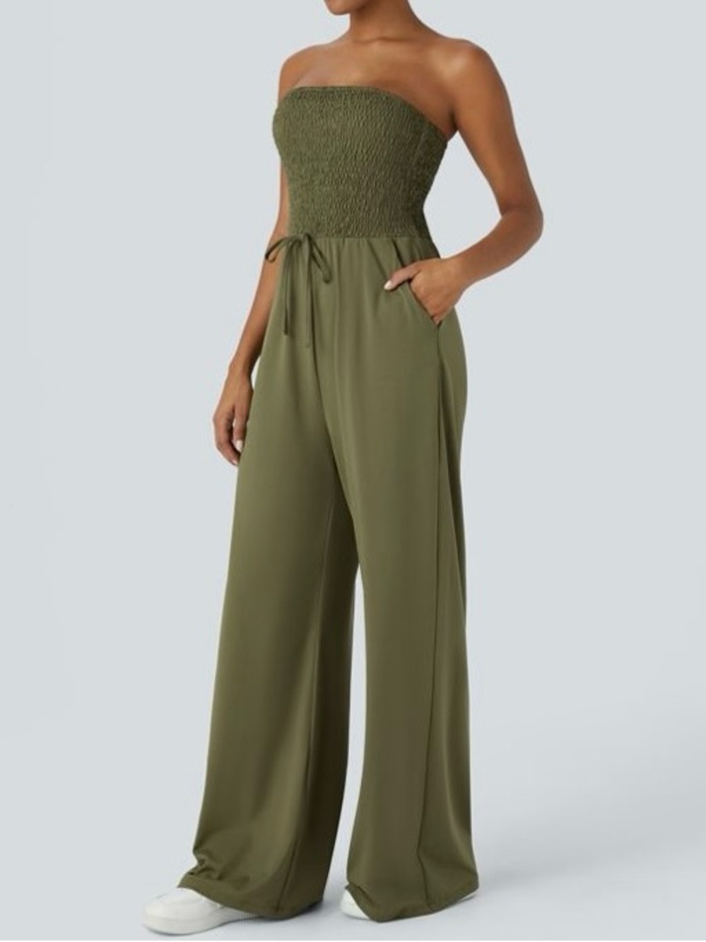 🆕 Halara Jumpsuit Shirred Knot Top Wide Leg Pant w Pockets! Event Guest Olive L - Picture 6 of 14